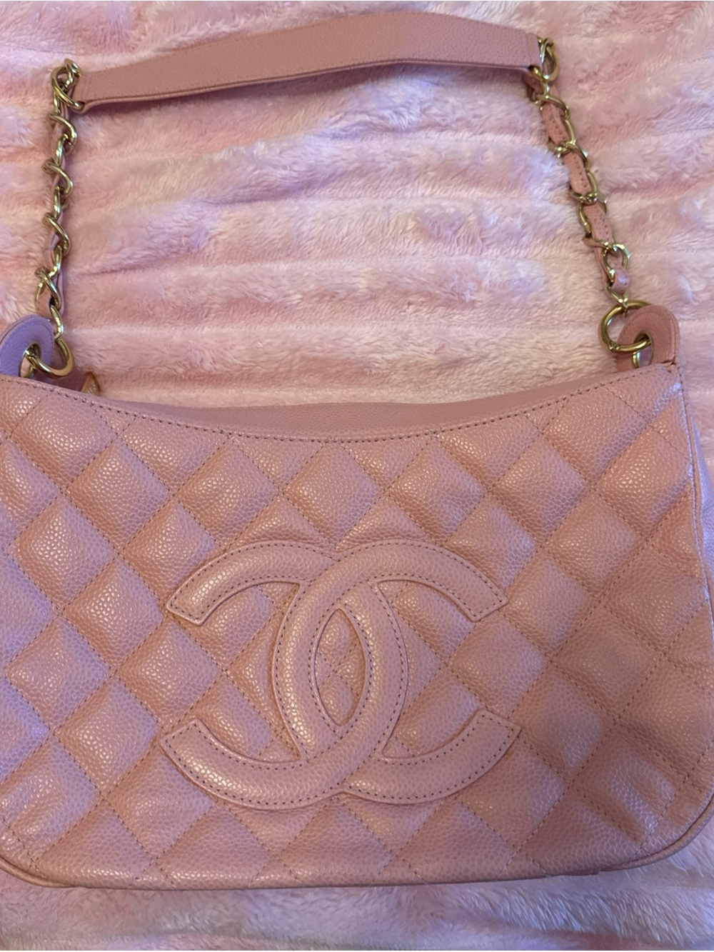 CHANEL Pink Quilted Caviar Leather Shoulder Bag with Gold Chain Strap
